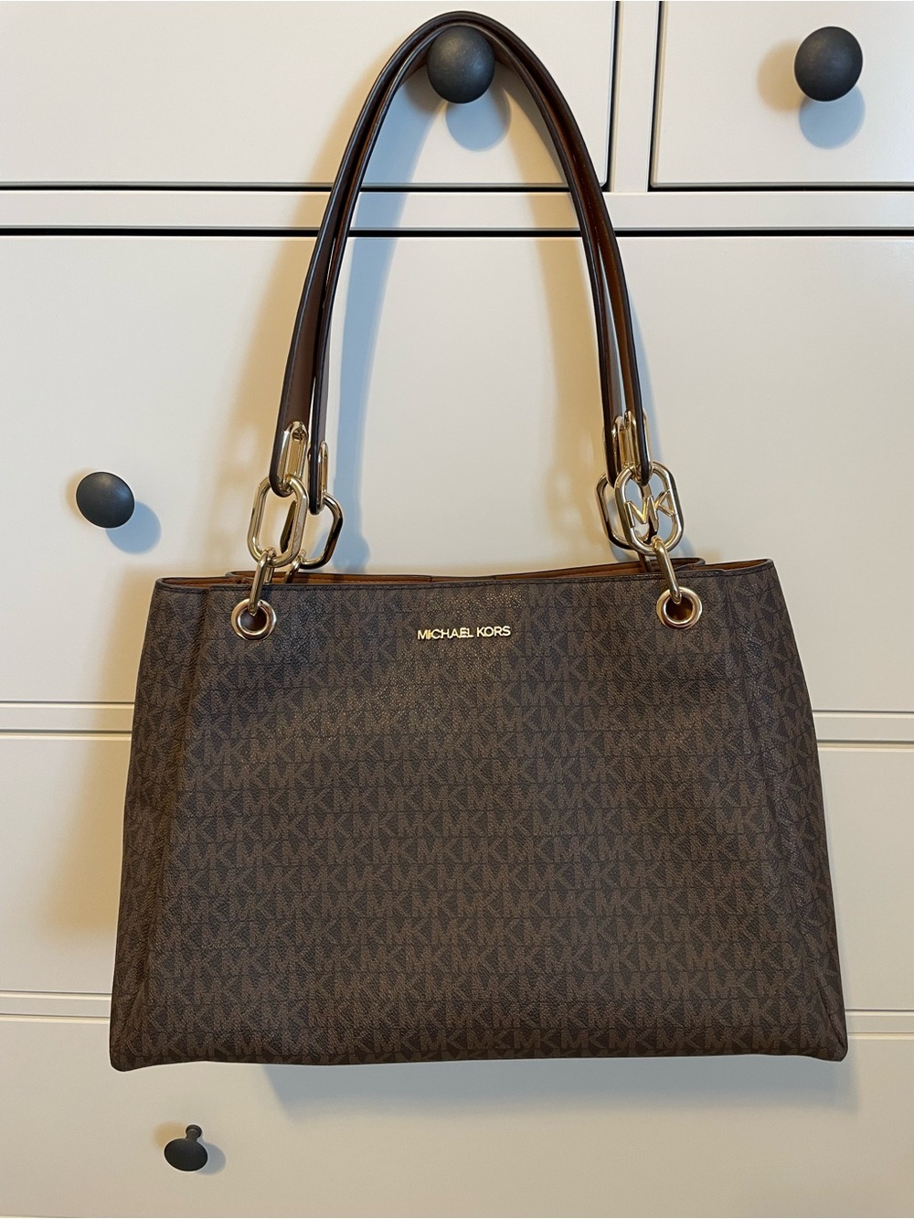 Michael Kors Brown MK Signature Shoulder Bag with Gold Hardware